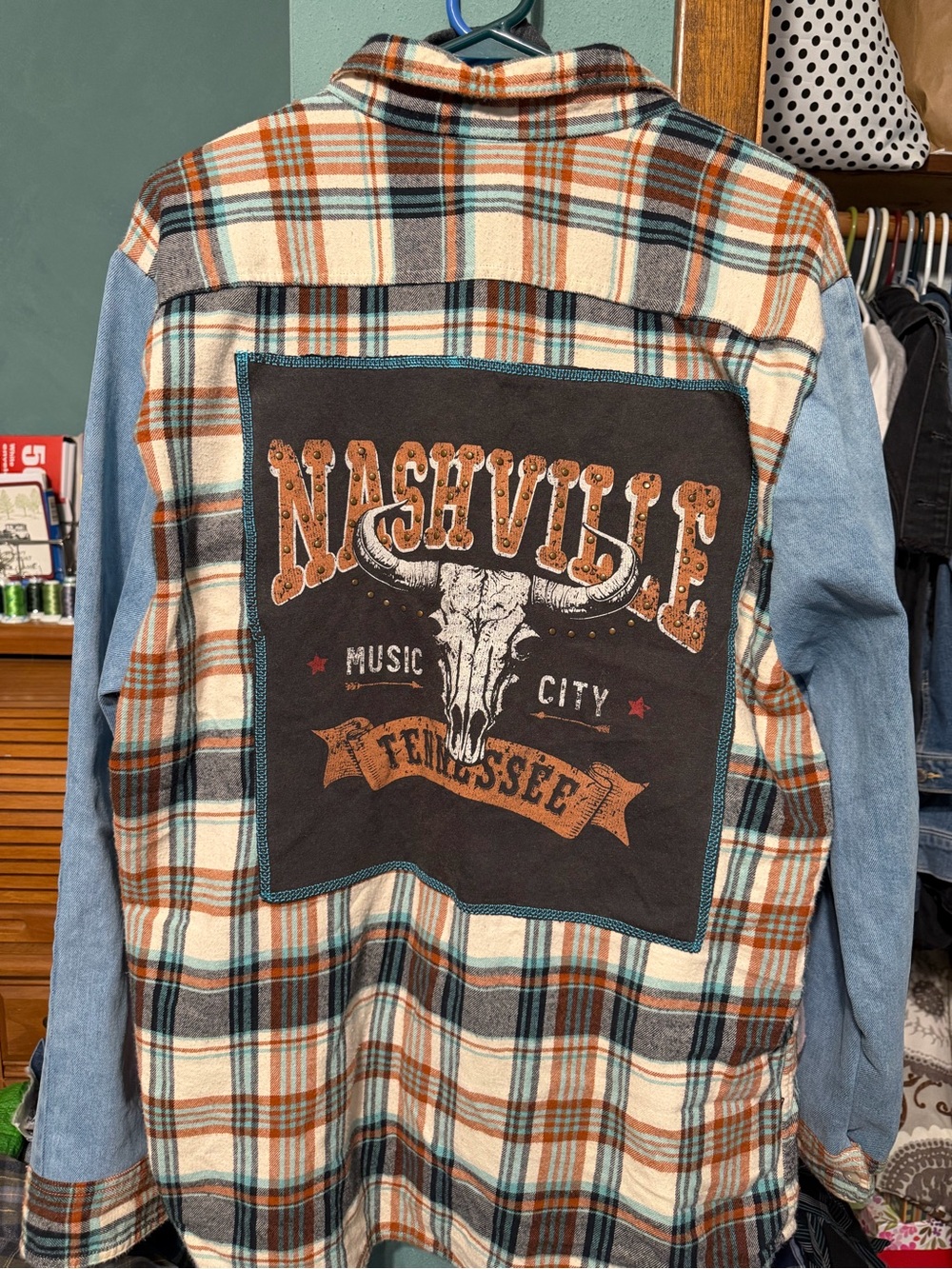 Sonoma Plaid Flannel Shirt Jacket with Denim Sleeves - Cream, Brown & Blue